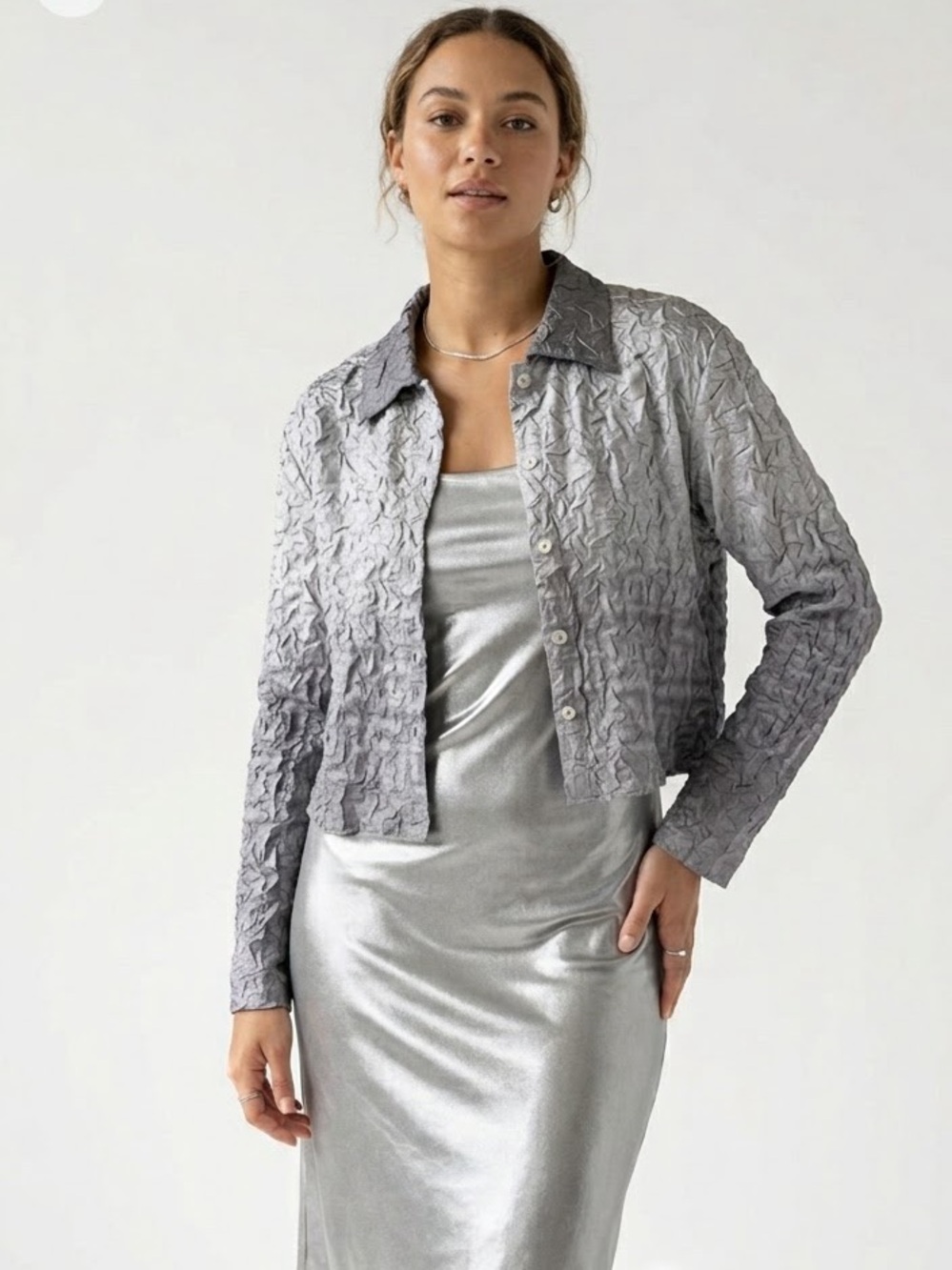 Chic Crinkled Gray Ombré Button Down Shirt